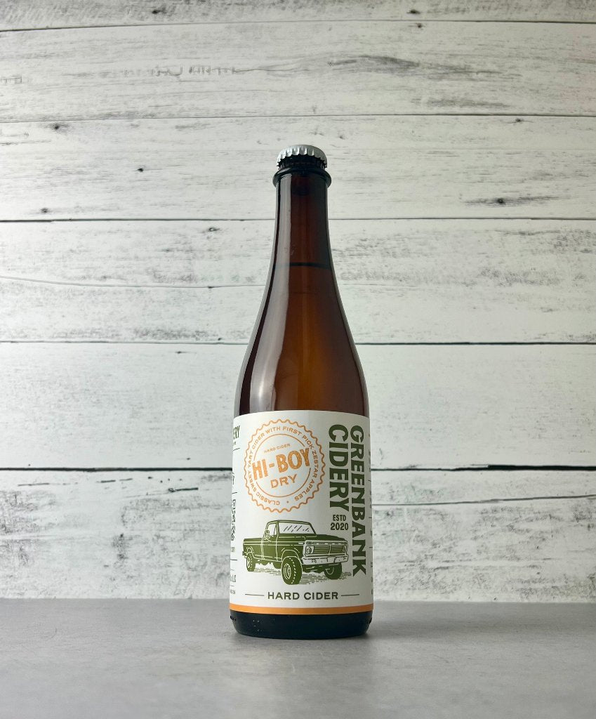 500 mL bottle of Greenbank Cidery Hi-Boy Dry Hard Cider