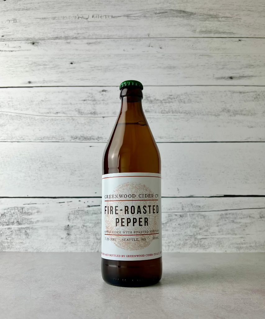 500 mL bottle of Greenwood Cider Fire-Roasted Pepper cider - Apple Cider with Roasted Peppers - Seattle, WA