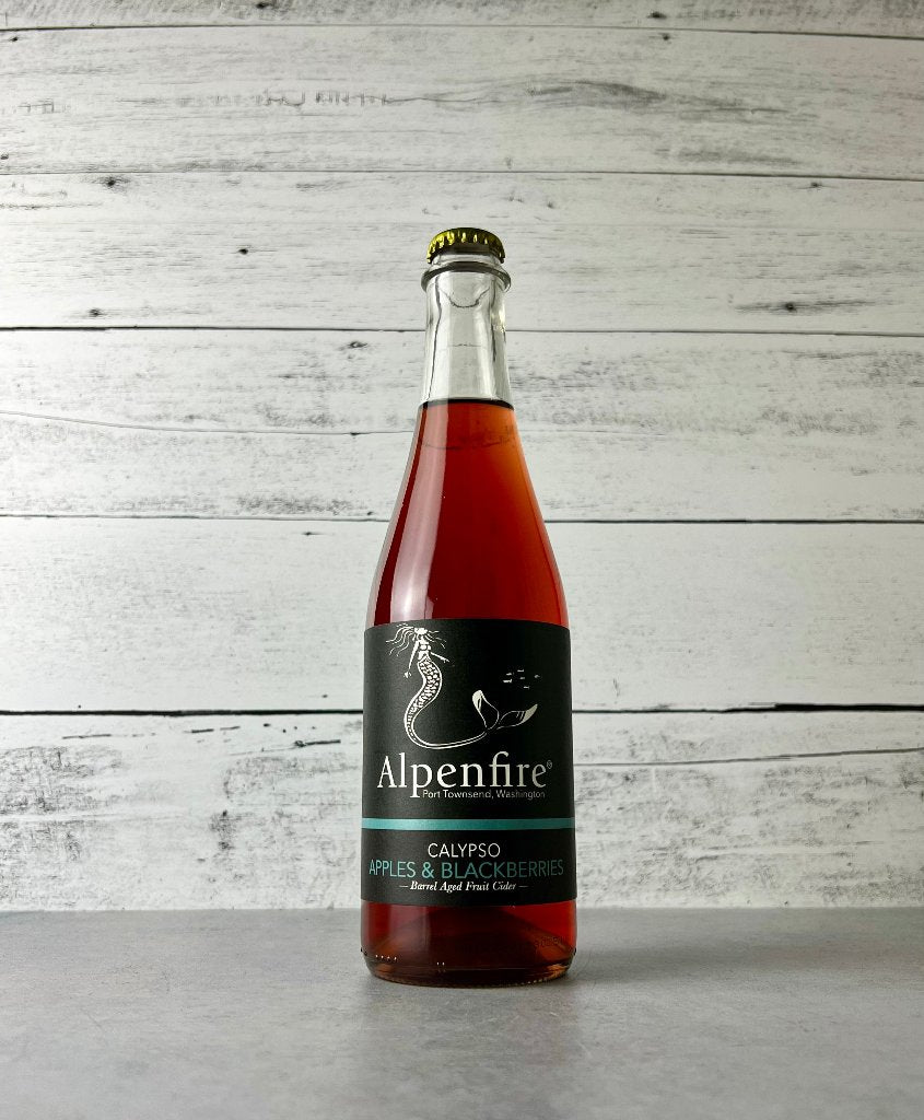 500 mL clear bottle of Alpenfire Calypso Apples & Blackberries - Barrel Aged Fruit Cider - filled with deep magenta cider