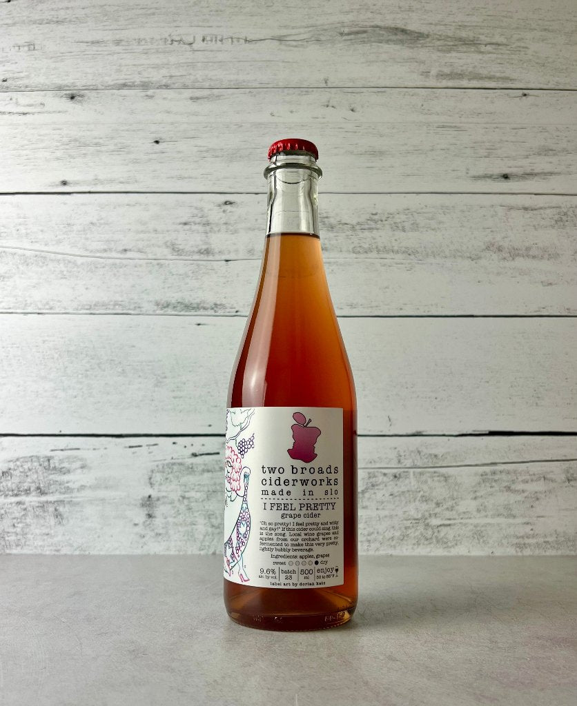 500 mL bottle of Two Broads Ciderworks I Feel Pretty Grape Cider - made in slo - batch 23