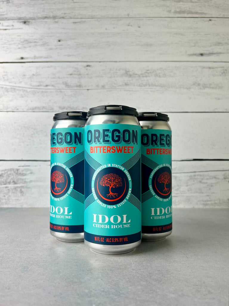 Four 16 oz cans of Idol Cider House Oregon Bittersweet