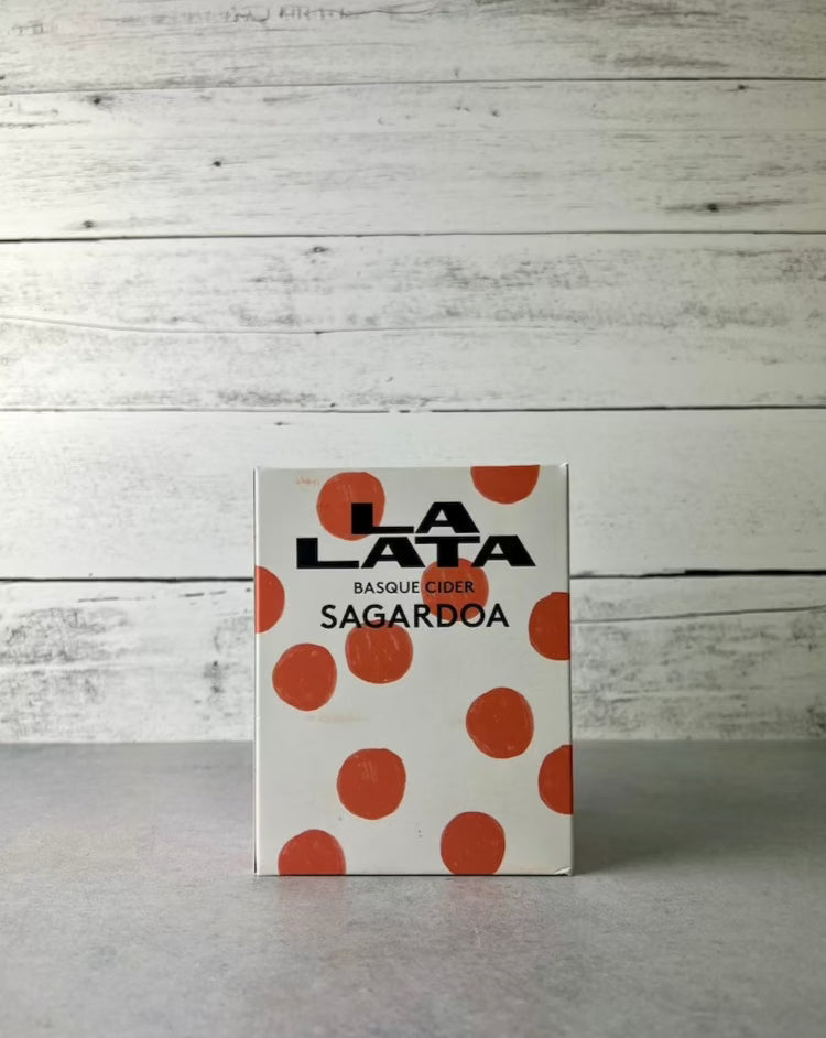 White box with red dots of La Lata Basque Cider Sagardoa