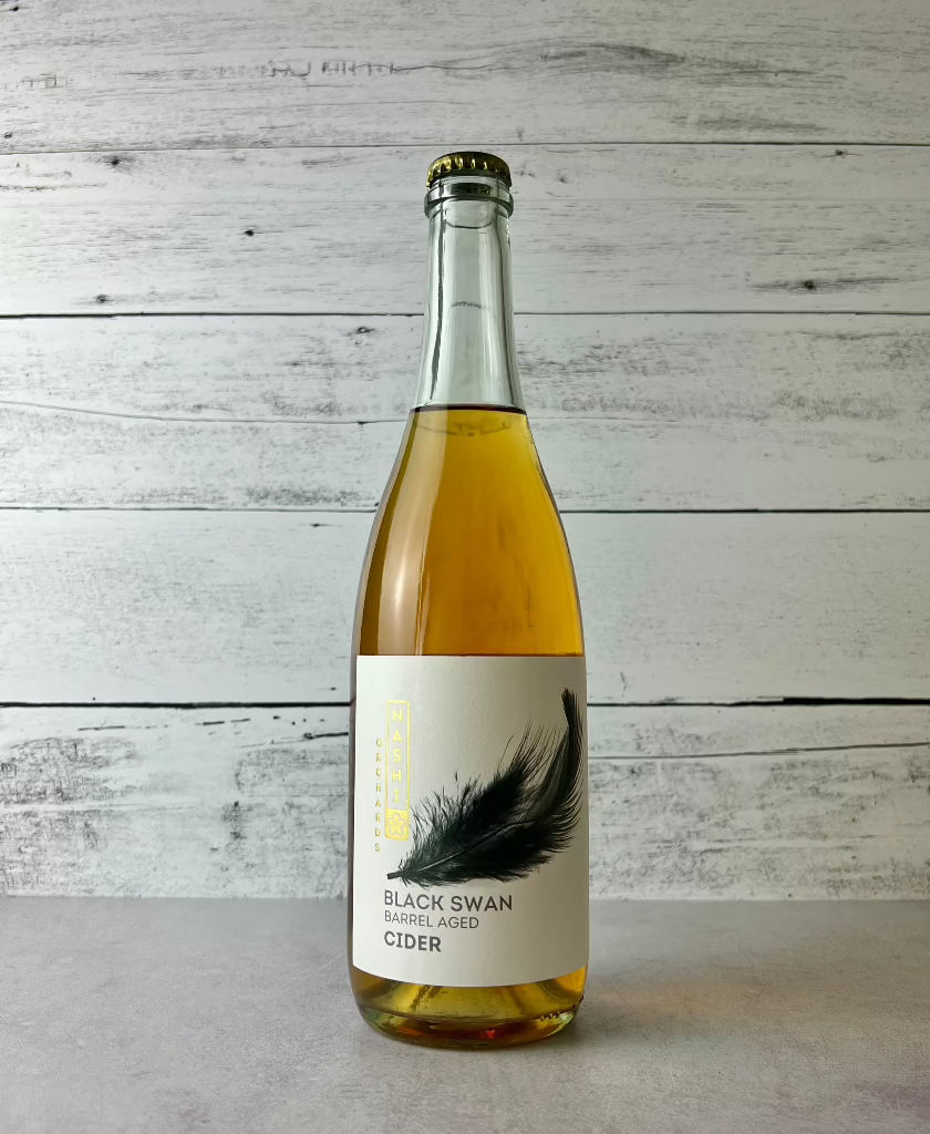 750 mL bottle of Nashi Orchards Black Swan Barrel Aged Cider